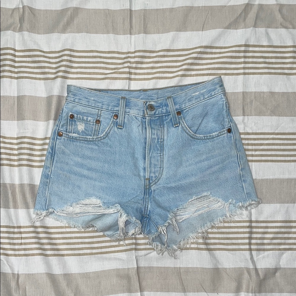 Levi's Blue Jean Shorts High-Waisted Frayed Hem